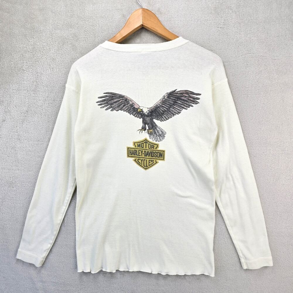 Vintage Harley Davidson Henley Shirt Large Long Sleeve Thermal Cream Long John